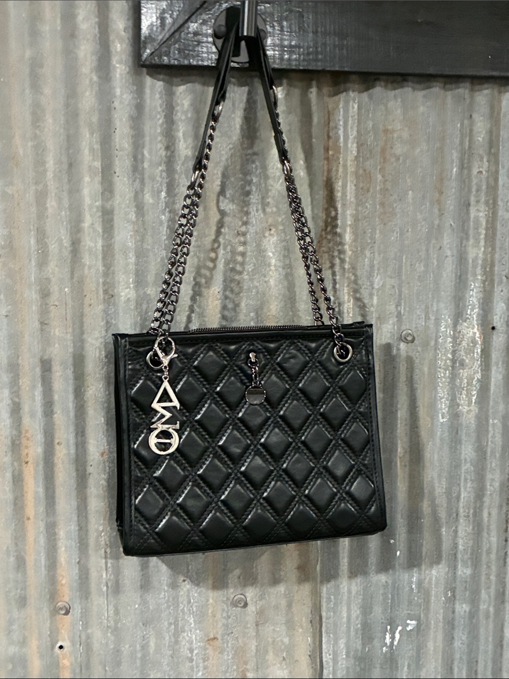 Delta Sigma Theta Quilted Black Shoulder Bag with Chain Straps